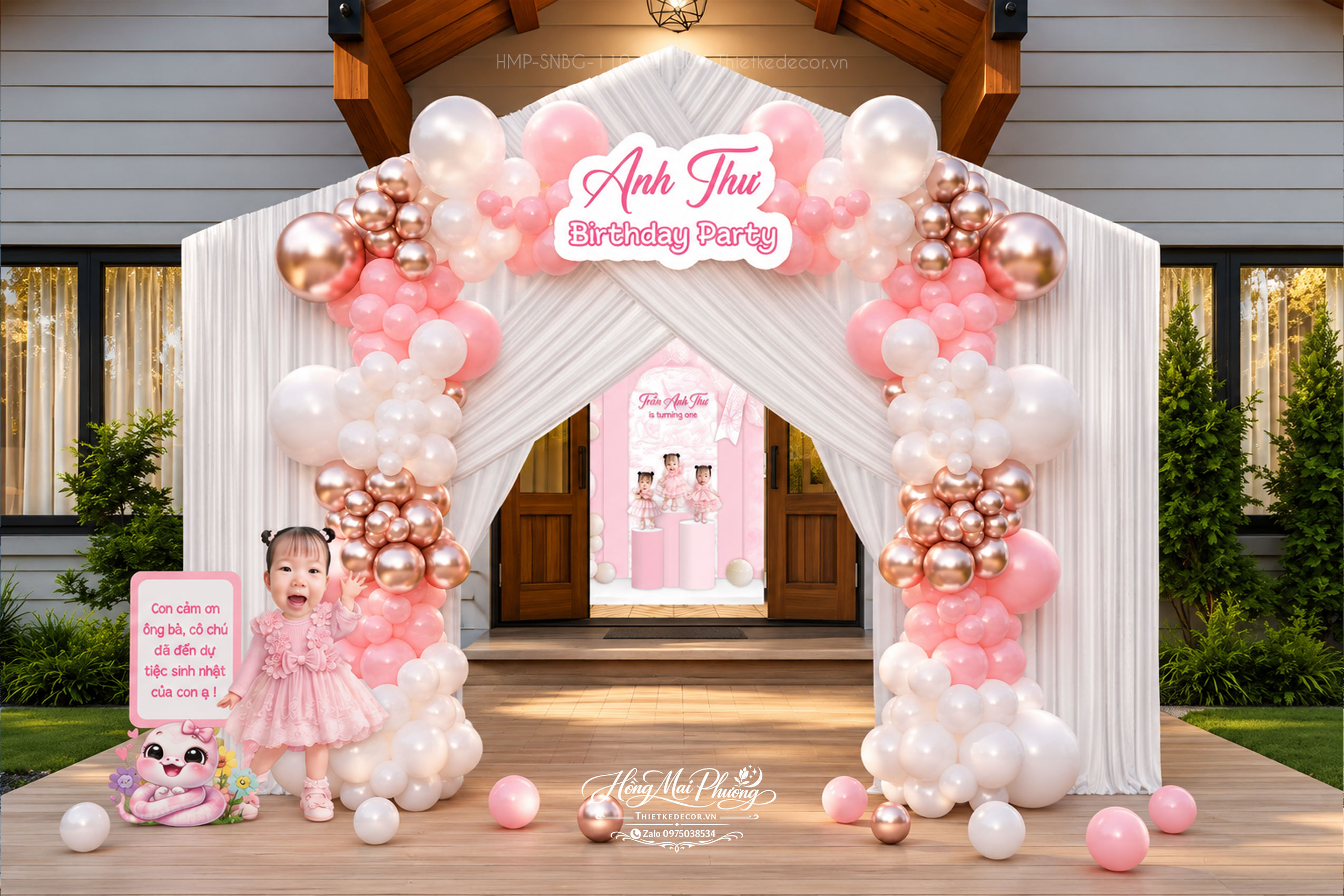 File thiết kế decor trang trí Cổng tiệc sinh nhật bé gái tuổi tỵ - rắn mix bong bóng cute dễ thương đáng yêu tone hồng